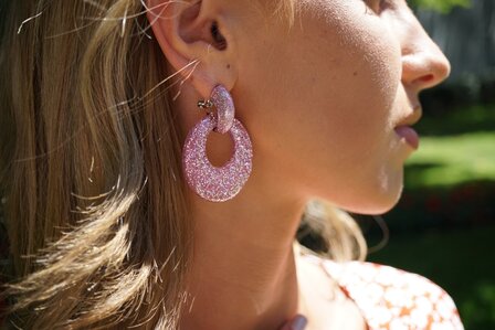 Vintage Earrings with glitters - Round - 4x4 cm - Pink
