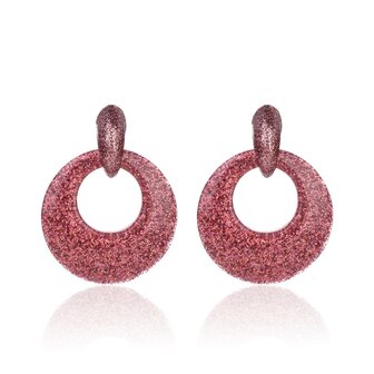 Vintage Earrings with glitters - Round - 4x4 cm - Dark Pink