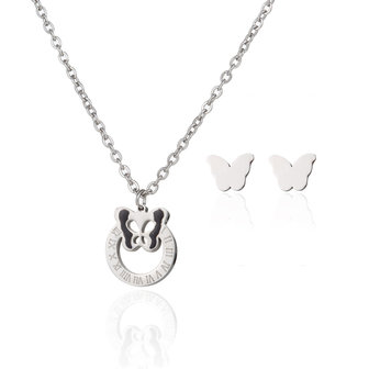 RVS KETTING &amp; OORBELLEN SET - ZILVER Butterfly 