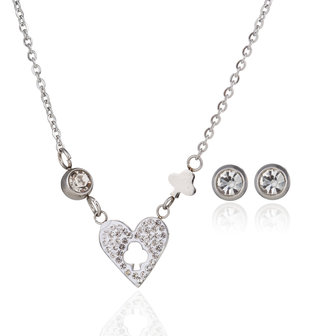 RVS KETTING &amp; OORBELLEN SET - ZILVER Hartjes 