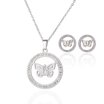 RVS KETTING &amp; OORBELLEN SET - ZILVER Butterfly 