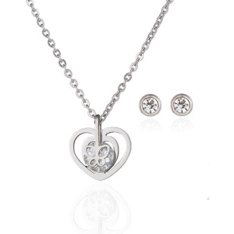 RVS KETTING &amp; OORBELLEN SET - ZILVER Hart met Zirkonia