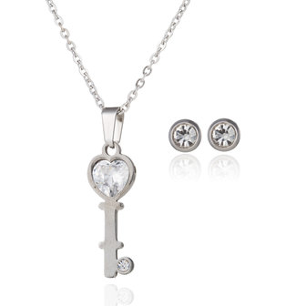 RVS KETTING &amp; OORBELLEN SET - ZILVER Sleutel met Zirkonia