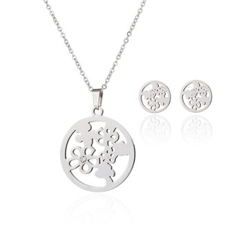 RVS KETTING &amp; OORBELLEN SET - ZILVER Bloemen