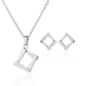 RVS KETTING &amp; OORBELLEN SET - ZILVER Vierkant