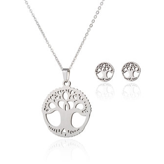 RVS KETTING &amp; OORBELLEN SET - ZILVER