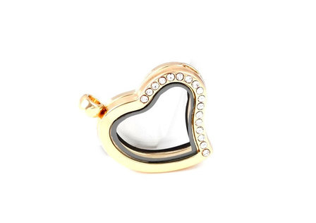 10 STUKS GOUD MEMORY LOCKET HART MET STRASS 30mm