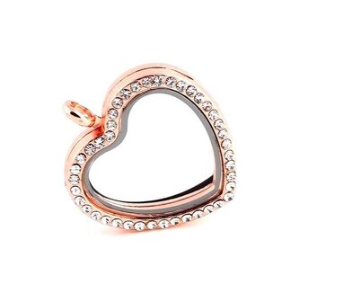 10 STUKS ROSE GOUD MEMORY LOCKET HART MET STRASS 30mm