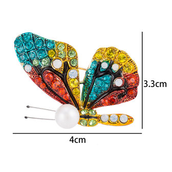 Vlinder Speld-Broche met Gekleurde Zirkonia & Parel