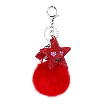 Sleutelhanger - Smiley Ster met Stras &amp; Pluizenbol - Rood