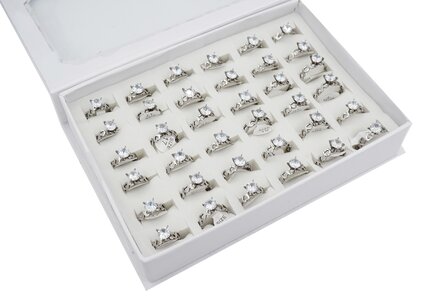 36 Stainless Steel Rings - with Hearts &amp; Zirconia - Silver