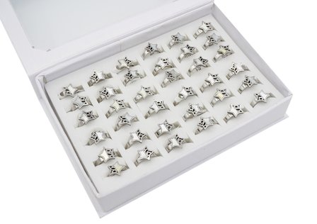 36 Stainless Steel Rings - with Star Symbol &amp; Zirconia - Holographic &amp; Silver