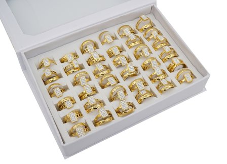 36 RVS Ringen - Dubbel Rings &amp; Zirkonia - Goud