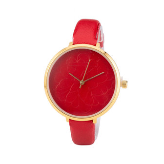 Leren Dames Horloge - Dunne 1 cm Band - Rood - Bloemen