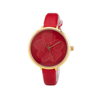 Leren Dames Horloge - Dunne 1 cm Band - Rood - Bloemen