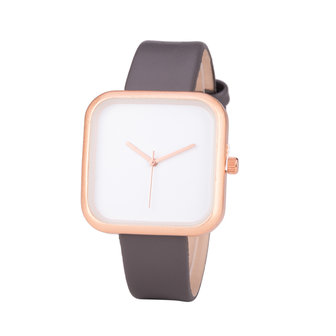 Leren Dames Horloge - Vierkant - Grijs &amp; Ros&eacute; 