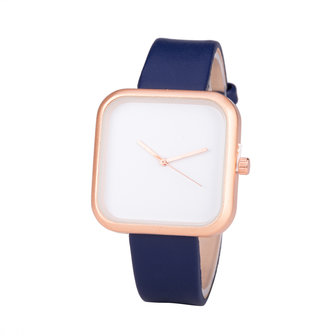 Leren Dames Horloge - Vierkant - Blauw &amp; Ros&eacute; 