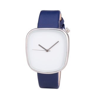 Leren Dames Horloge - Vierkant - Blauw &amp; Zilver 