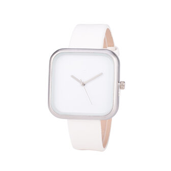 Leren Dames Horloge - Vierkant - Wit &amp; Zilver