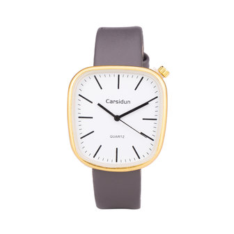 Leren Dames Horloge - Vierkant - Grijs &amp; Goud - Carsidun