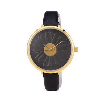 Leren Dames Horloge - Dunne 1 cm Band - Zwart &amp; Goud - Bloemen