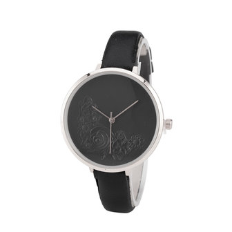 Leren Dames Horloge - Dunne 1 cm Band - Zwart &amp; Zilver - Bloemen