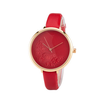 Leren Dames Horloge - Dunne 1 cm Band - Rood &amp; Goud - Bloemen