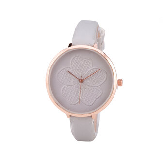 Leren Dames Horloge - Dunne 1 cm Band - Grijs &amp; Ros&eacute; - Bloemen