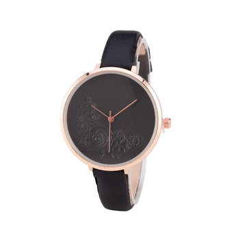 Leren Dames Horloge - Dunne 1 cm Band - Zwart &amp; Ros&eacute; - Bloemen