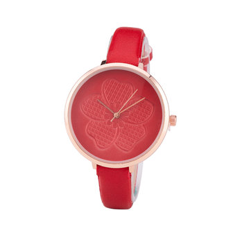 Leren Dames Horloge - Dunne 1 cm Band - Rood &amp; Ros&eacute; - Bloemen