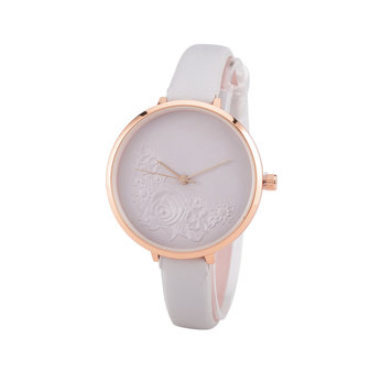 Leren Dames Horloge - Dunne 1 cm Band - Grijs - Bloemen - Ros&eacute;