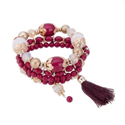 Beads Ibiza Bracelet - With Tassels - Red & Gold