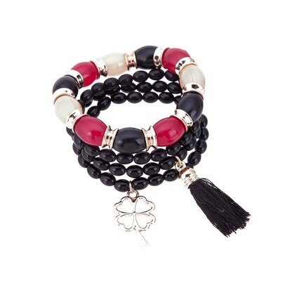 Beads Ibiza Bracelet - With Flower Pendant & Tassel - Black & Red