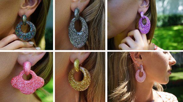 Vintage Earrings with glitters - Oval - 5x3,5 cm - Dark Pink