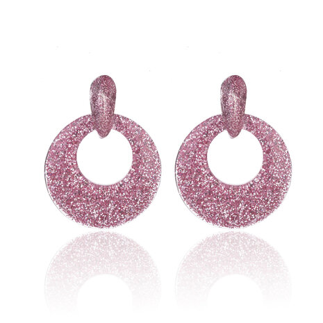 Oorbellen Met Glitters - Rond - Oorhangers 4x4 cm - Roze