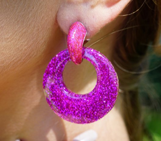 Oorbellen Met Glitters - Rond - Oorhangers 4x4 cm - Donker Roze