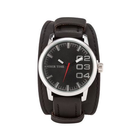 AMBER TIME - Leren Horloge - Dikke Band - 5cm Breed - Zwart
