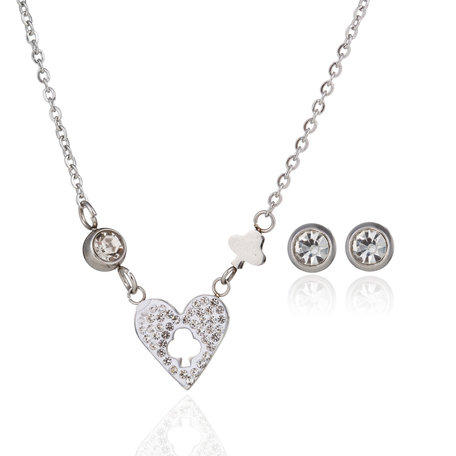 RVS KETTING & OORBELLEN SET - ZILVER Hartjes 