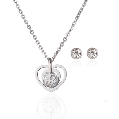 RVS KETTING & OORBELLEN SET - ZILVER Hart met Zirkonia