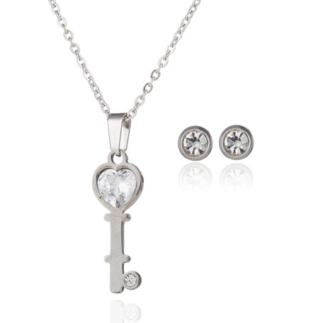 RVS KETTING & OORBELLEN SET - ZILVER Sleutel met Zirkonia