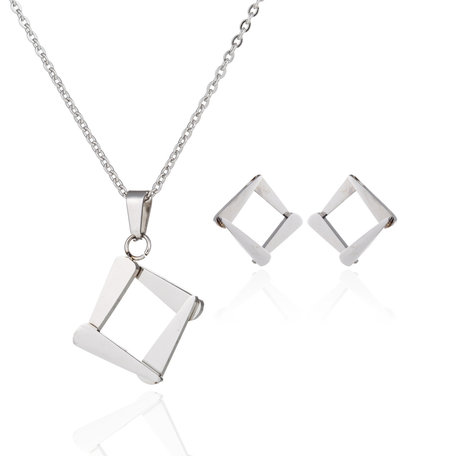 RVS KETTING & OORBELLEN SET - ZILVER Vierkant