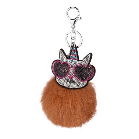 Sleutelhanger - Party Cat met Stras & Pluizenbol - Bruin