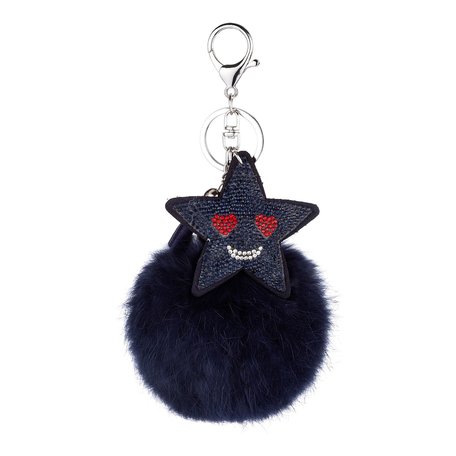 Sleutelhanger - Smiley Ster met Stras & Pluizenbol - Donker Blauw