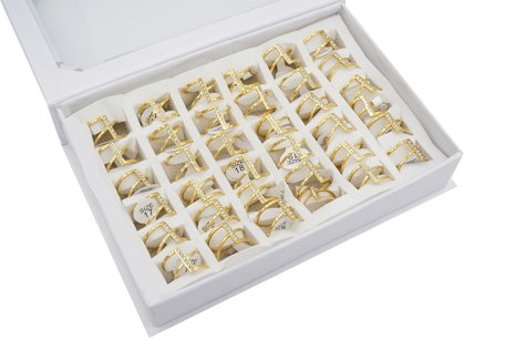 36 RVS Ringen - met triple ringen design & Zirkonia Steentjes - Goud