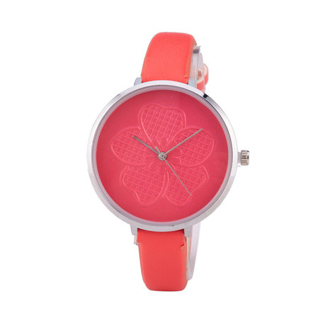 Leren Dames Horloge - Dunne 1 cm Band - Rood - Bloemen