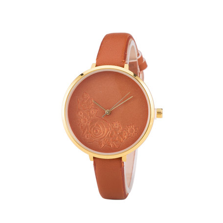 Leren Dames Horloge - Dunne 1 cm Band - Bruin - Bloemen