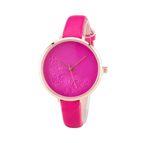 Leren Dames Horloge - Dunne 1 cm Band - Roze - Bloemen