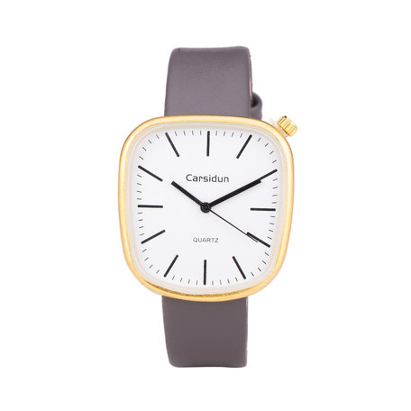 Leren Dames Horloge - Vierkant - Grijs & Goud - Carsidun