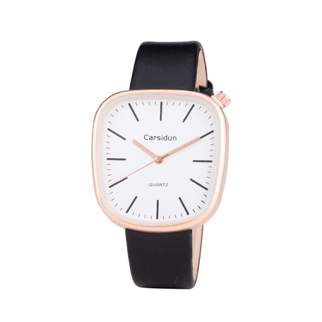 Leren Dames Horloge - Vierkant - Zwart & Rosé - Carsidun