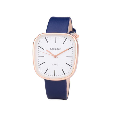 Leren Dames Horloge - Vierkant - Blauw & Rosé - Carsidun